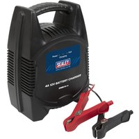 Black Sealey DSBC4 battery charger with 4 Amp capacity, featuring a handle, blue label, and red and black clamps.