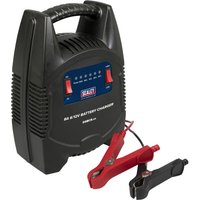 Black Sealey DSBC8 battery charger with handle, blue front panel, red and black clamps, and 8 Amp indicator.