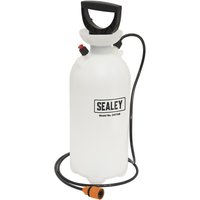 Sealey DST08 white dust suppression water tank with black handle, hose, and orange nozzle.
