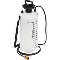 White Sealey DST14 Dust Suppression Water Tank with black handle, hose, and shoulder strap, marked with fill levels.