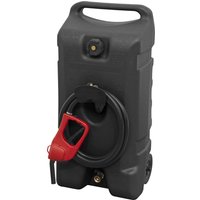 Black Sealey DT53 gravity-fed tank with red nozzle, hose, and wheels for mobile dispensing.