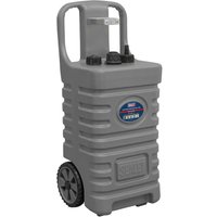 Grey Sealey mobile dispensing tank, 55L, with ribbed design, large handle, and two black wheels.