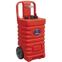 Red Sealey DT55R mobile dispensing tank, 55L, with ribbed design, two black caps, handle, and two black wheels.
