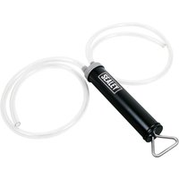 Black Sealey dual action oil and fluid transfer gun with clear flexible hoses and a triangular handle.