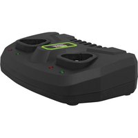 Black Sealey dual battery charger with two slots, LED indicators, and green Sealey logo for SV10.8 Series 10.8v batteries.