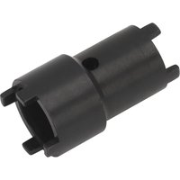 Black cylindrical Sealey dual sided motorcycle clutch nut tool with four prongs on each end.
