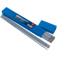 Blue box of Sealey E312 arc welding electrodes for dissimilar steels, with several silver rods visible.