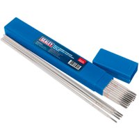 Sealey E316 stainless steel arc welding electrodes in blue rectangular box with open lid showing silver rods.