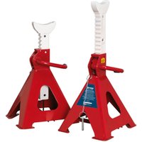Red Sealey Easy Action Ratchet Axle Stands with triangular base and adjustable white support column.
