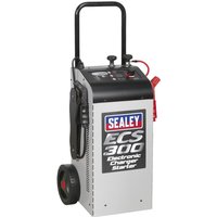 Sealey ECS300 electronic battery starter and charger, silver with black handle, wheels, and red clamps.