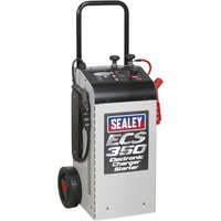 Sealey ECS350 battery starter and charger, white with black handle, control panel, and red cables on wheels.