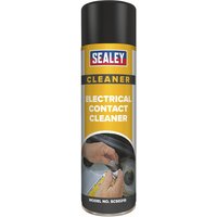 Sealey Electrical Contact Cleaner Spray, black cap, yellow label with cleaning hands graphic.