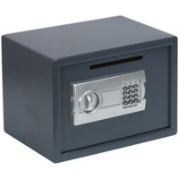 Black Sealey electronic safe with keypad, combination lock, and deposit slot on top.
