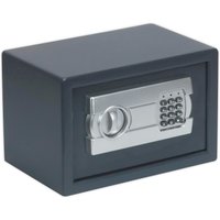 Black Sealey electronic security safe with silver keypad and dial on the front.