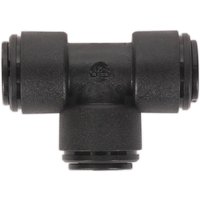Black Sealey Equal Tee fitting for John Guest SpeedFit Systems, T-shaped with three push-fit connectors.
