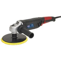 Sealey ER1700P Electric Polisher, black and red body, side handle, yellow and black polishing pad.