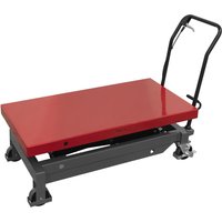 Red Sealey EV battery lift with hydraulic platform, black handle, and four caster wheels.