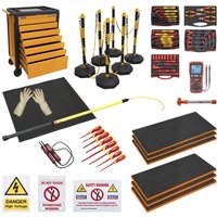 Orange Sealey tool kit with 7-drawer roller cabinet, insulated tools, safety mats, and high voltage warning signs.