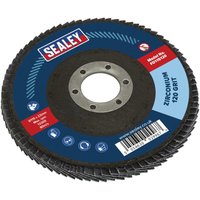 Sealey FD115120 flap disc, zirconium, 115mm diameter, 22mm bore, 120 grit, blue label with red Sealey logo.