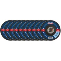 Sealey blue zirconium flap discs, 120 grit, Ø115mm with Ø22mm bore, pack of 10, arranged in a row.