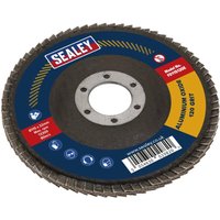 Sealey flap disc with aluminum oxide, 115mm diameter, 22mm bore, 120 grit, blue and red label with Sealey logo.