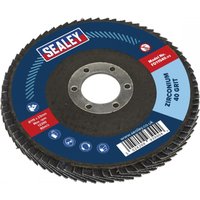 Sealey FD11540 flap disc, zirconium, blue label, 115mm diameter, 22mm bore, 40 grit, with layered abrasive flaps.