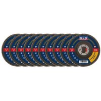 Sealey 40Grit flap discs, aluminum oxide, blue and brown, Ø115mm with Ø22mm bore, pack of 10, red Sealey logo.