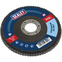 Sealey zirconium flap disc, 115mm diameter, 22mm bore, 80 grit, blue label with red Sealey logo.