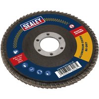 Sealey flap disc, aluminum oxide, 115mm diameter, 22mm bore, 80 grit, with blue and red label and central hole.
