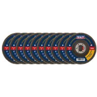 Sealey 80Grit flap discs, aluminum oxide, blue label, Ø115mm, Ø22mm bore, pack of 10, arranged in a row.
