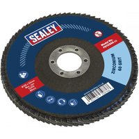 Sealey flap disc zirconium 125mm with 22mm bore, 60 grit, blue label, red Sealey logo, and barcode.
