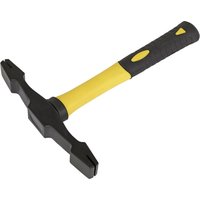 Sealey double ended scutch hammer with black fibreglass handle, yellow grip, and dual replaceable chisel heads.