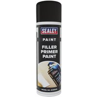 Sealey Filler Primer Aerosol Spray Paint, black can with red and blue logo, pack of 6.