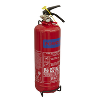 Red Sealey 2kg dry powder fire extinguisher with black hose, yellow safety pin, and detailed white instructions.