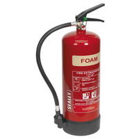 Red Sealey 6L foam fire extinguisher with black hose and nozzle, labeled "FOAM" and safety instructions on the front.