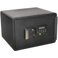Black Sealey fireproof electronic safe with digital keypad and handle on front.