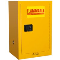 Yellow Sealey flammables storage cabinet with black handle and red warning label on door.