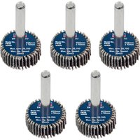 Pack of 5 Sealey flap wheels with blue centers and silver shanks, designed for grinding and finishing surfaces.