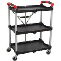 Black and silver Sealey folding workshop trolley with three shelves, red handle grips, and four caster wheels.