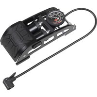 "Black Sealey FP6 foot pump with twin barrels, pressure gauge, and long hose with nozzle"