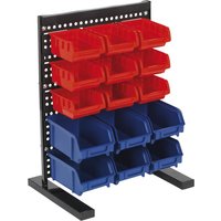 Black freestanding bench rack with 15 red and blue storage bins arranged in three rows.