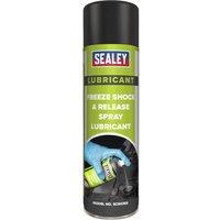 Sealey Freeze Shock & Release Spray, black cap, green label, image of gloved hand using spray on machinery.