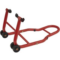 Red Sealey front fork paddock stand with dual wheels and adjustable supports.