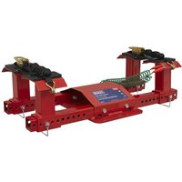 Red Sealey fuel tank cradle with adjustable arms, safety chains, and bolt holes for transmission jacks.