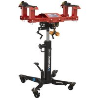 Red and black Sealey fuel tank cradle and transmission jack combo with adjustable arms and caster wheels.