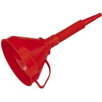 Red Sealey funnel with flexible ribbed spout, integrated filter, and side handle.