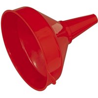 Red Sealey funnel with wide mouth and narrow spout, made of durable plastic.