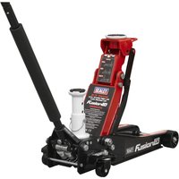 Red and black Sealey FusionLift 3 in 1 Trolley Jack with padded handle and sturdy wheels.
