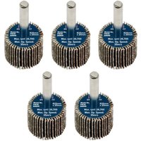 Pack of five Sealey abrasive flap wheels, 25mm diameter, 20mm width, 6mm shaft, 60 grit, with blue central hub.