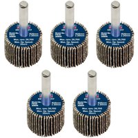 Pack of 5 Sealey abrasive flap wheels, 25mm diameter, 20mm width, 80 grit, with 6mm metal shafts.